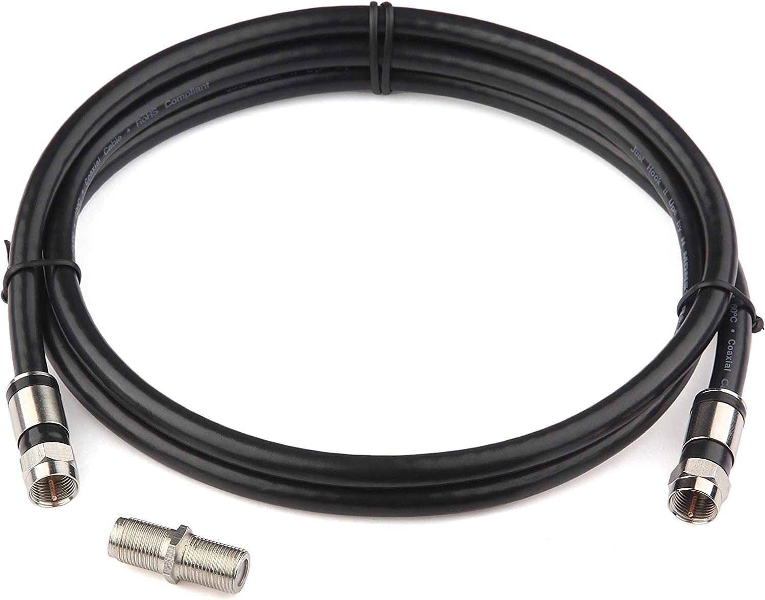 Coaxial Cable Short (4 Feet) with RG6 Coax Cable Connector (And F-Type Cable Extension Adapter) Black Coax Satellite TV 75 Ohm