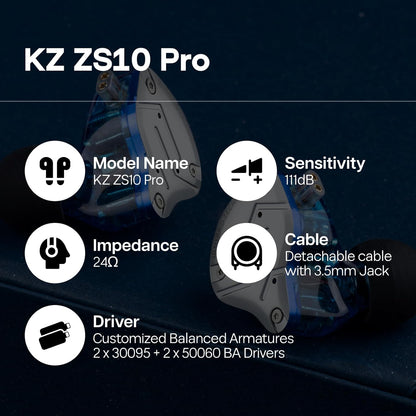 KZ ZS10 Pro, 4BA+1DD 5 Driver in Ear Monitor, Hifi Wired Earbuds, Gaming Earbuds, Hybrid IEM Earphones with Stainless Steel Faceplate, Detachable Cable for Musician (Without Mic, Blue)