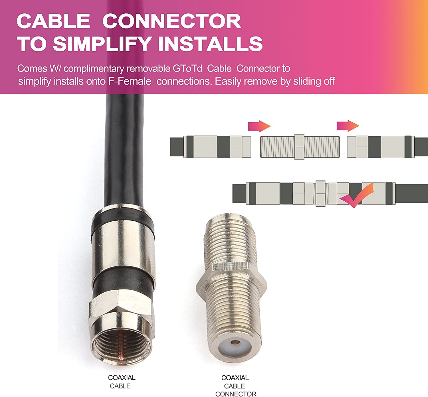 Coaxial Cable Short (4 Feet) with RG6 Coax Cable Connector (And F-Type Cable Extension Adapter) Black Coax Satellite TV 75 Ohm