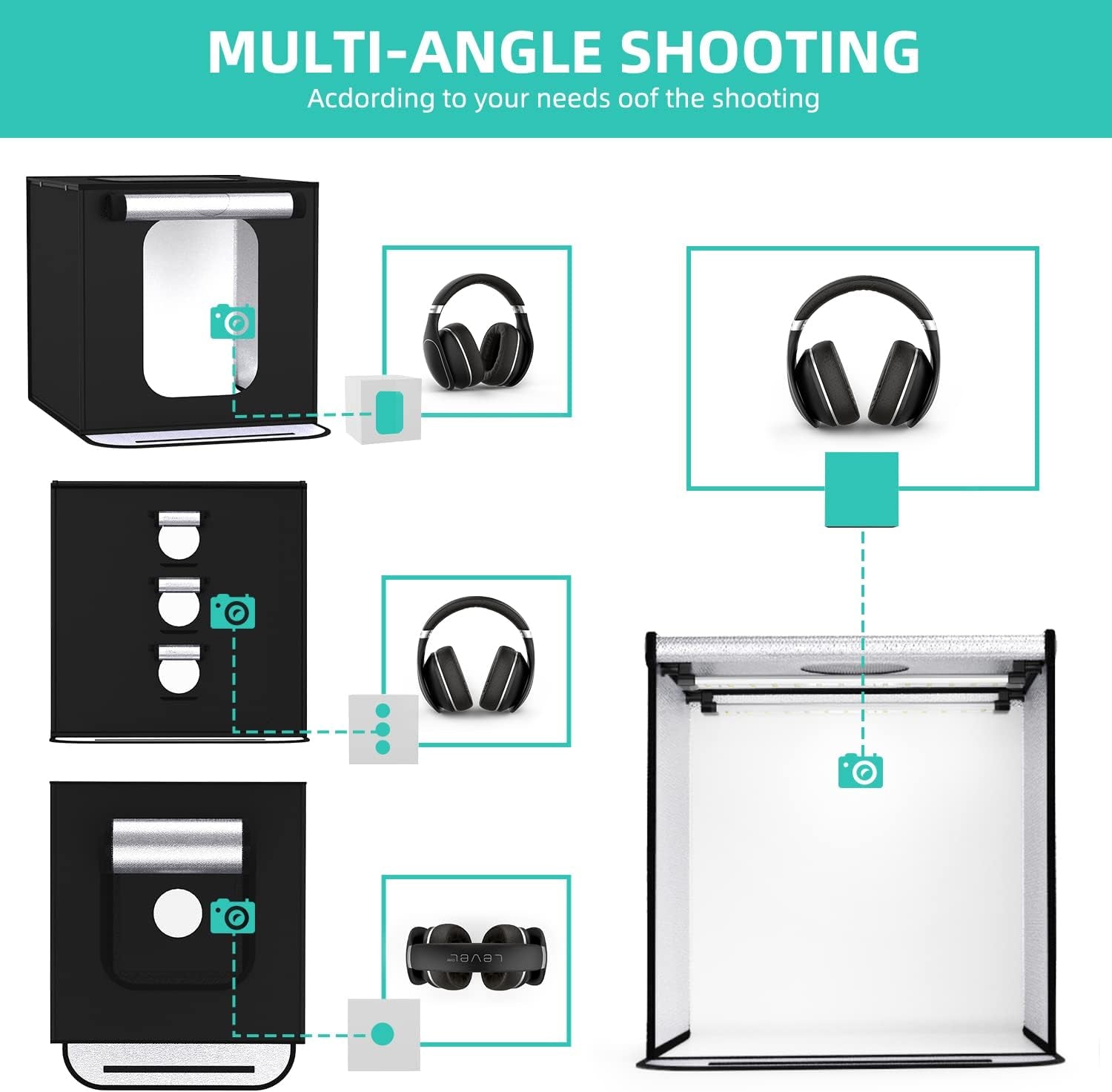 Photo Box, 8 PCS Backdrops  Photo Light Box 24 X 24 Inch Dimmable Photography Lighting Shooting Tent Kit with 126 PCS LED Lights, Portable Bag (White Black Red Blue Green Yellow)