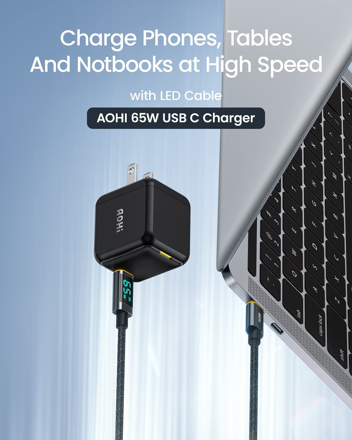 65W PD USB C Charger, Gan+ Magcube Fast Wall Charger Power Adapter with 4Ft USB C LED Display Cable for Notebook Macbook Pro/Air, Galaxy, for Iphone 15/14/Plus/Pro Max/13/12, Black