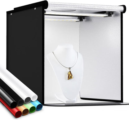 Photo Box, 8 PCS Backdrops  Photo Light Box 24 X 24 Inch Dimmable Photography Lighting Shooting Tent Kit with 126 PCS LED Lights, Portable Bag (White Black Red Blue Green Yellow)