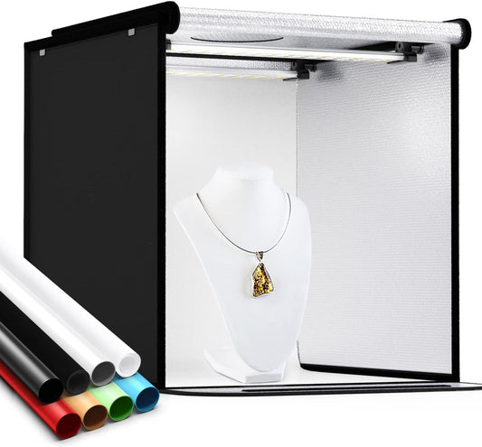 Photo Box, 8 PCS Backdrops  Photo Light Box 24 X 24 Inch Dimmable Photography Lighting Shooting Tent Kit with 126 PCS LED Lights, Portable Bag (White Black Red Blue Green Yellow)