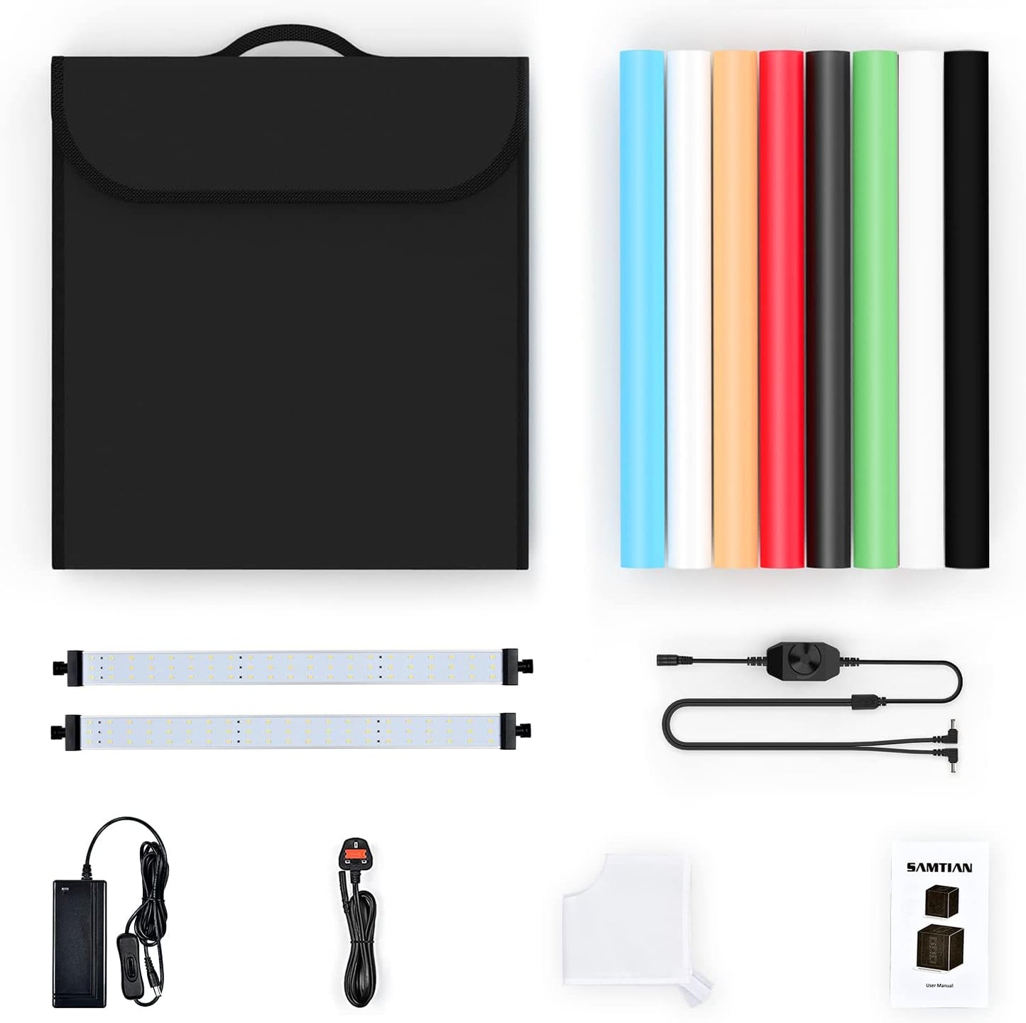 Photo Box, 8 PCS Backdrops  Photo Light Box 24 X 24 Inch Dimmable Photography Lighting Shooting Tent Kit with 126 PCS LED Lights, Portable Bag (White Black Red Blue Green Yellow)