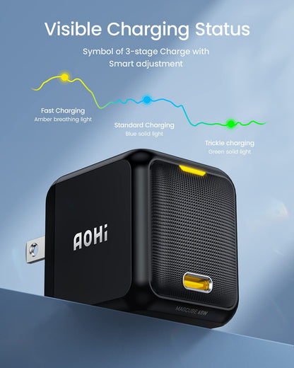 65W PD USB C Charger, Gan+ Magcube Fast Wall Charger Power Adapter with 4Ft USB C LED Display Cable for Notebook Macbook Pro/Air, Galaxy, for Iphone 15/14/Plus/Pro Max/13/12, Black