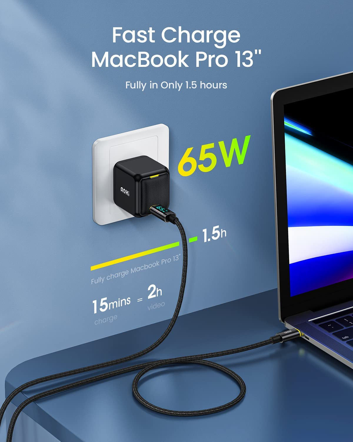 65W PD USB C Charger, Gan+ Magcube Fast Wall Charger Power Adapter with 4Ft USB C LED Display Cable for Notebook Macbook Pro/Air, Galaxy, for Iphone 15/14/Plus/Pro Max/13/12, Black
